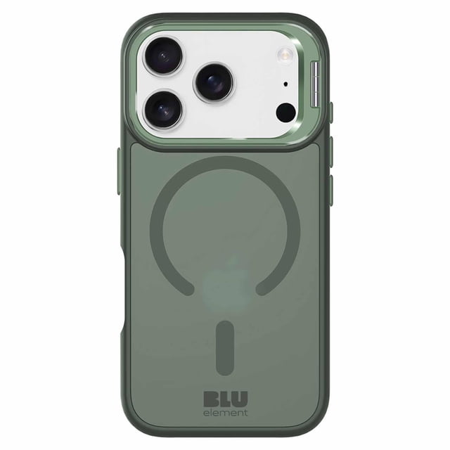 Blu Element Chromatic Kick MagSafe Case Sage Green for iPhone 17 Pro shown from the back with a semi-transparent sage green acrylic back and dark green MagSafe ring. Features soft-touch shock-absorbing edges, raised camera protection, fold-out kickstand for landscape viewing, hyper-responsive buttons, and precise port access, compatible with MagSafe charging and impact resistant.