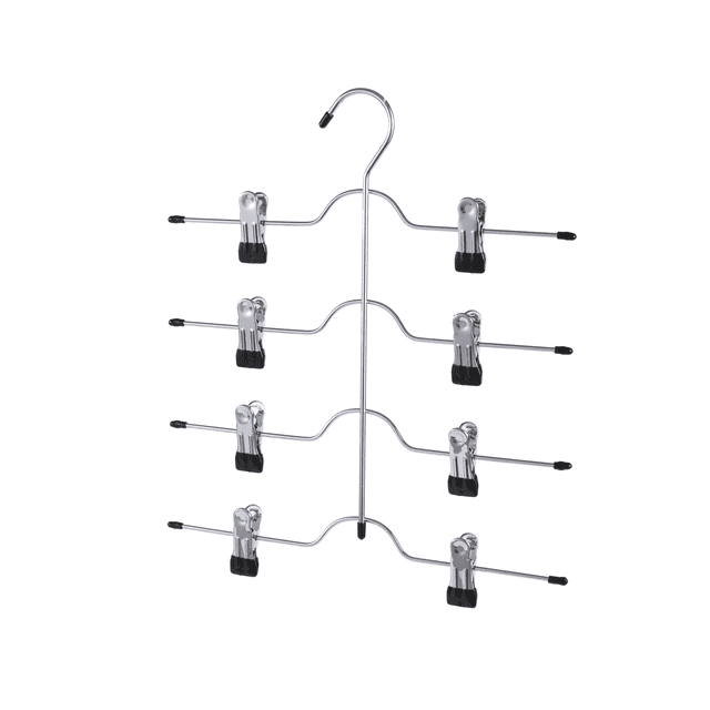 Mainstays Cintre Multifonction pour Pantalons et Jupes en Métal avec Pinces Ajustables Enduites de Plastique Noir sur un Cadre à Plusieurs Couches Chromé, avec Quatre Barres Horizontales Chacune avec Deux Pinces Coulissantes pour une Suspension Sécuritaire, Infroissable et une Économie d'Espace de Garde-Robe Efficace, Idéal Aussi pour Serviettes Ou Foulards.
