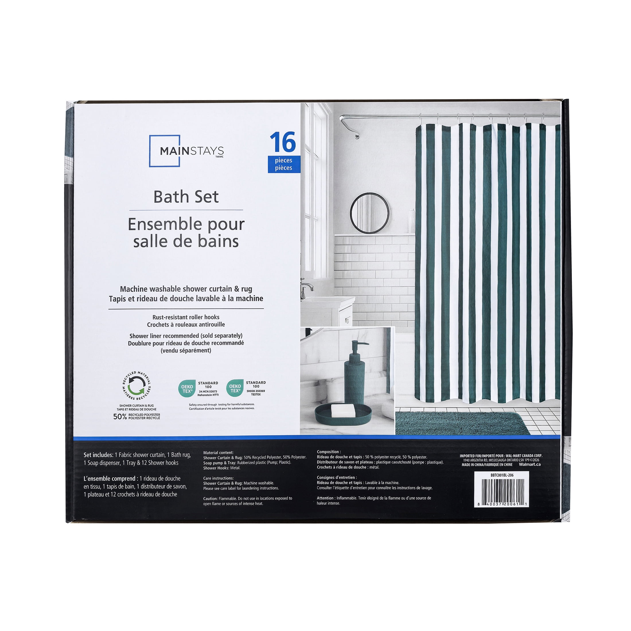 Mainstays 16-Piece Teal Shower Curtain Bathroom Set – Fabric Curtain with Rug, Hooks, Soap Dispenser & Tray