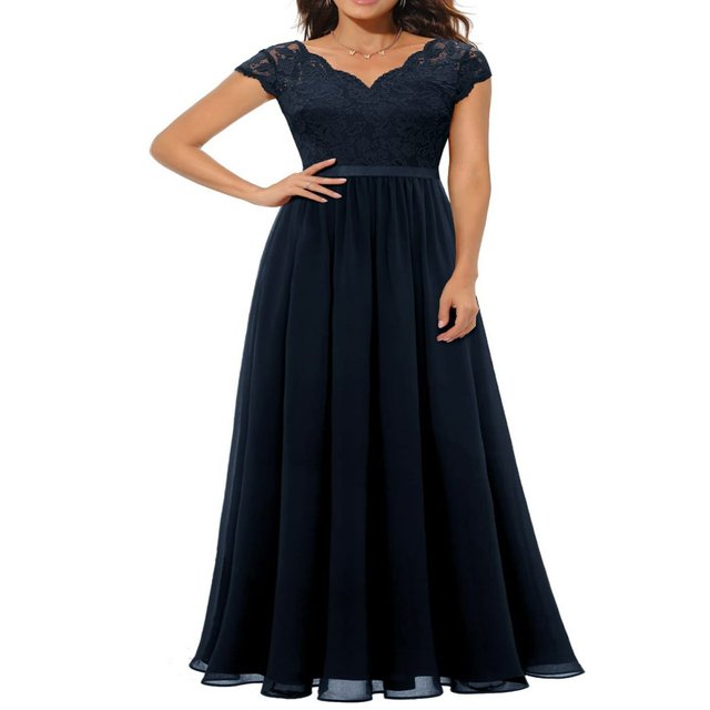 Robe Maxi de Bal pour Femmes en Dentelle Patchwork Dos Nu à Col en V Élégante Robe de Soirée Cocktail