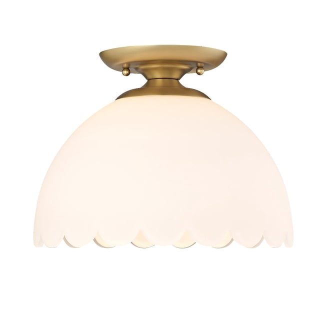 Dorinda Plafonnier Semi-Encastré en Acier à 1 Lumière en Bronze Champagne Brossé et Verre Opalin. Ce Plafonnier Présente un style Transitionnel avec un Abat-Jour en Verre Opalin Festonné Qui Émet une Lueur Chaleureuse. la Finition Bronze Champagne Brossé Ajoute une Touche d'Inspiration Vintage. Fabriqué en Acier durable, Il Utilise une Ampoule à base Moyenne et Présente un Profil Bas, Idéal pour Diverses Décorations de Maison.
