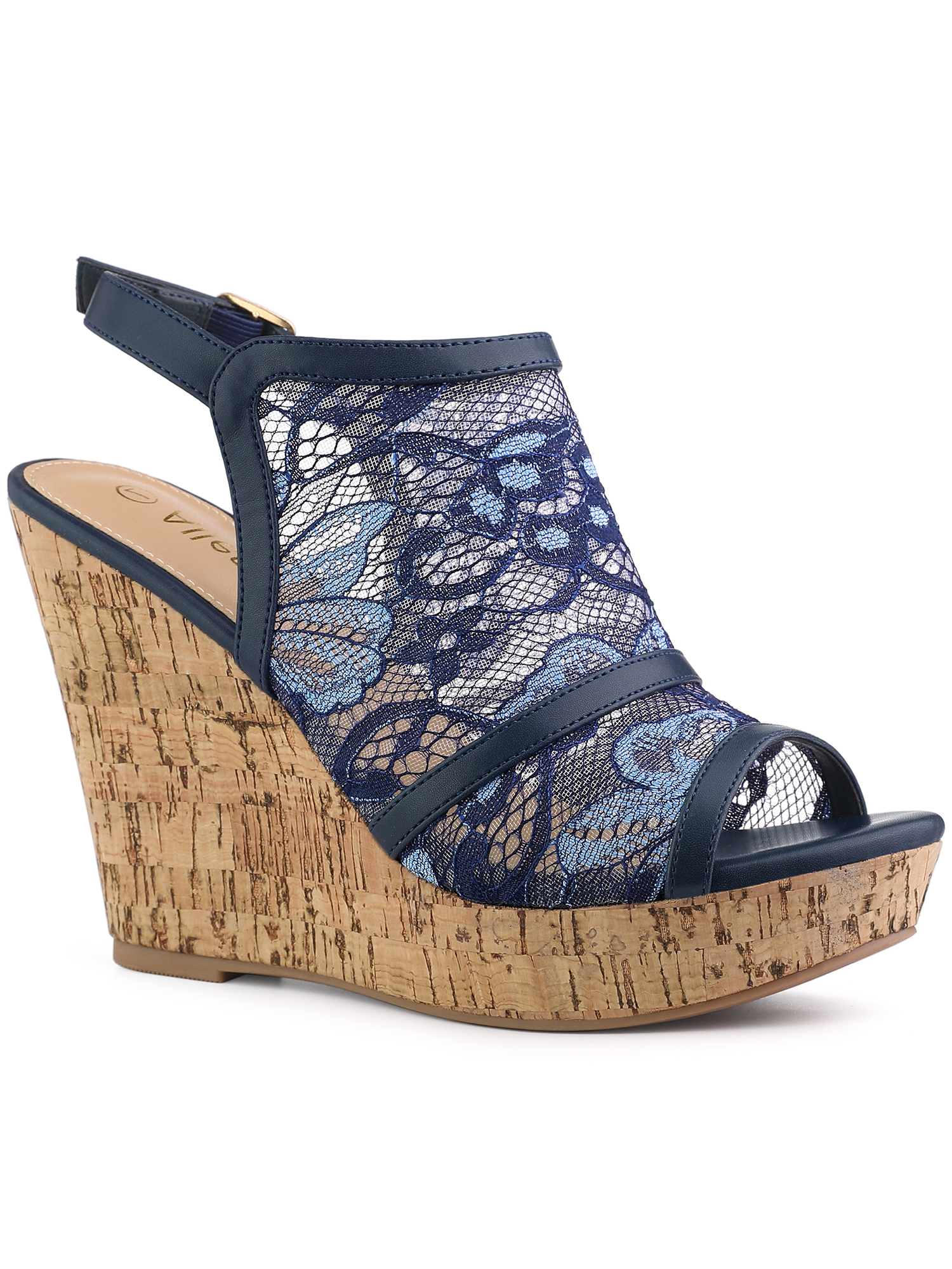 BLISSFUL STEP Chaussures pour Femmes Sandales à Talon Compensé à Plateforme à Bout Ouvert avec Lacets Bleu Foncé 7