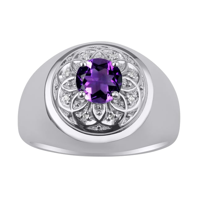 RYLOS Men's Rings Sterling Silver Designer Gypsy 7MM Round Gemstone & Diamond Ring Amethyst February Birthstone Size 10