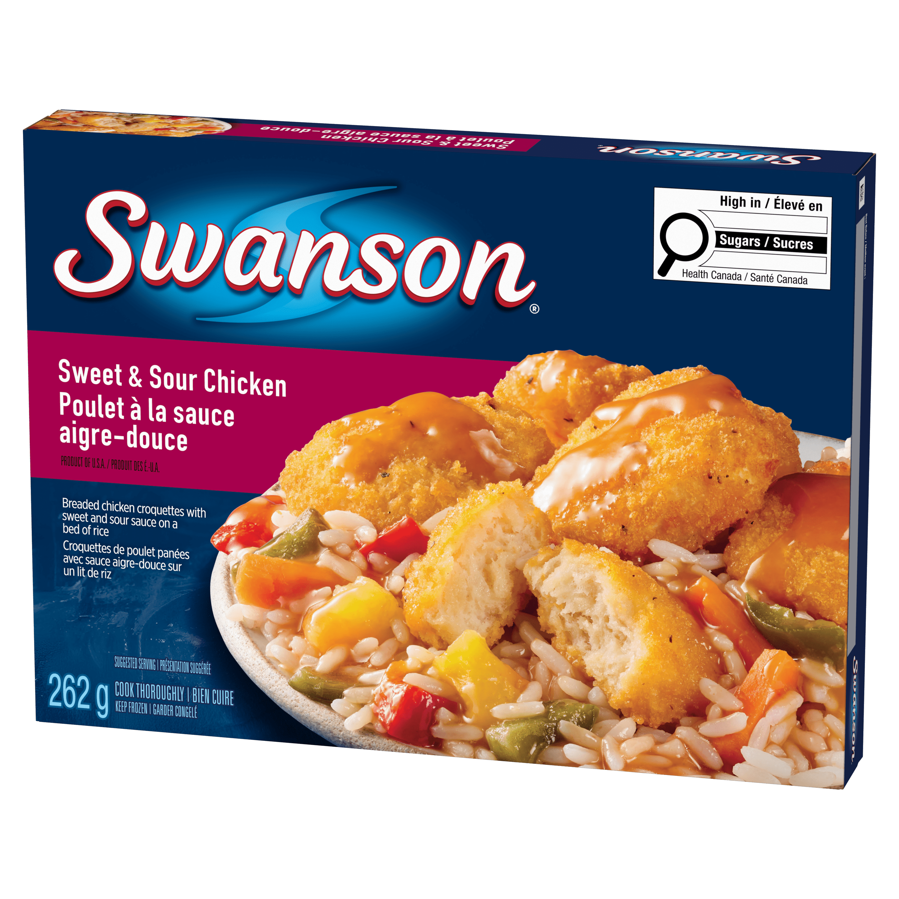 Swanson Poulet à la sauce aigre-douce, Croquettes de poulet panées avec sauce aigre-douce sur un lit de riz Poulet à la sauce aigre-douce, 262g