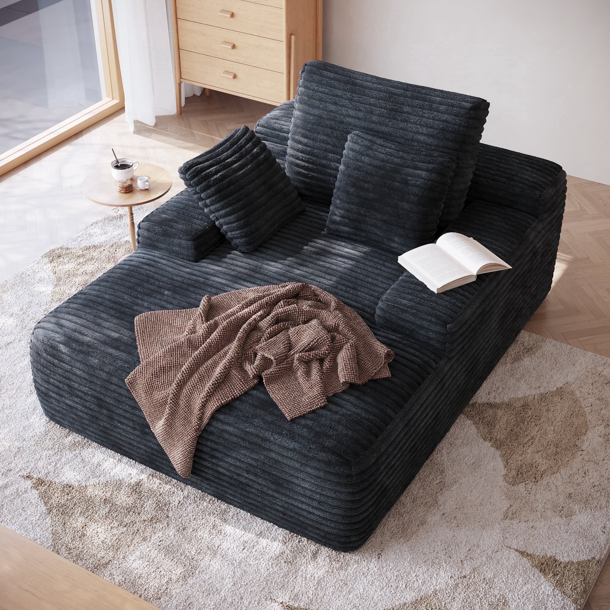 Sdorens Oversized Sofa Bed Chaise,Black Lounge Chair Indoor,Modern Deep Seat Sofa with Back Cushion,Pillows,Cozy Sleeper Couch for Living Room(Black,Corduroy)
