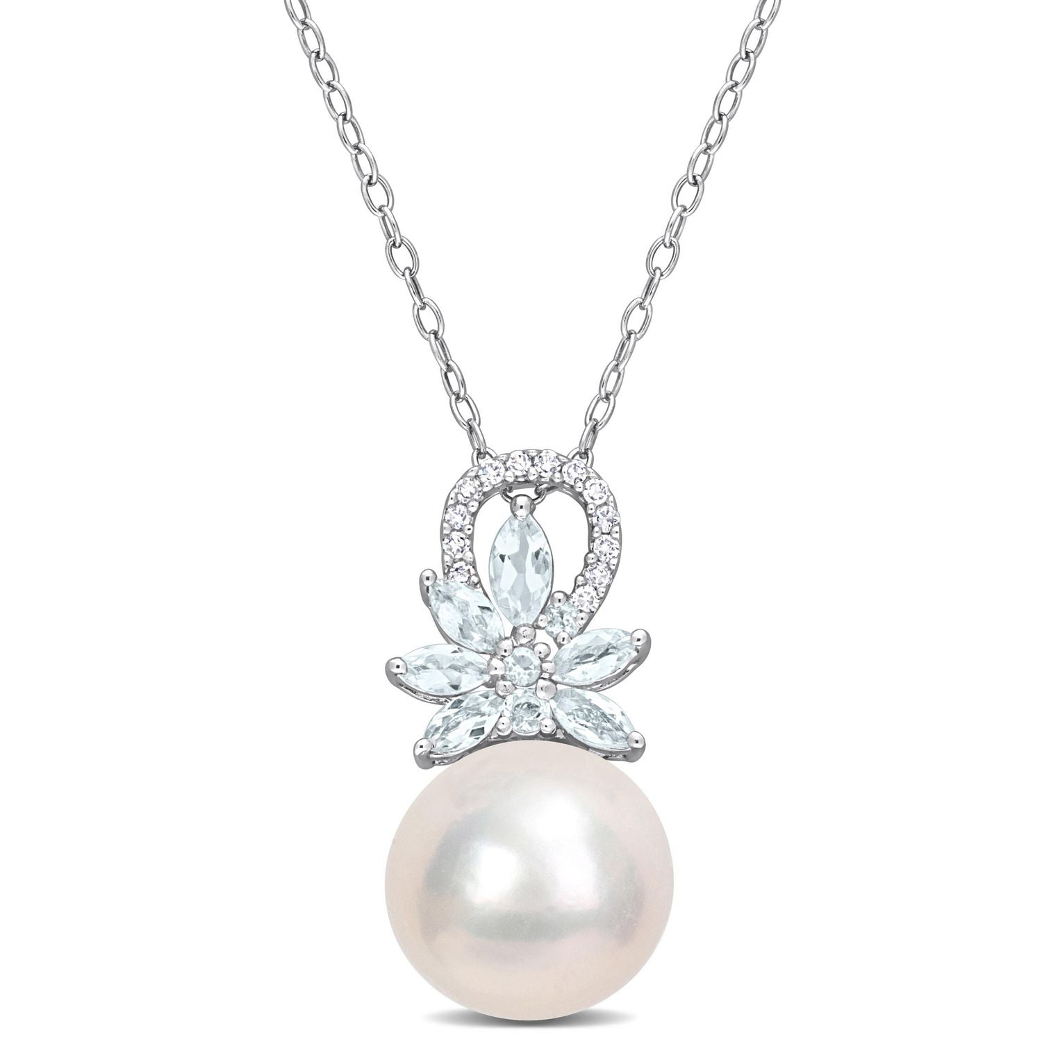 Collier floral Miabella en argent sterling avec perles culture d'eau douce, aigue-marine et accents de diamants