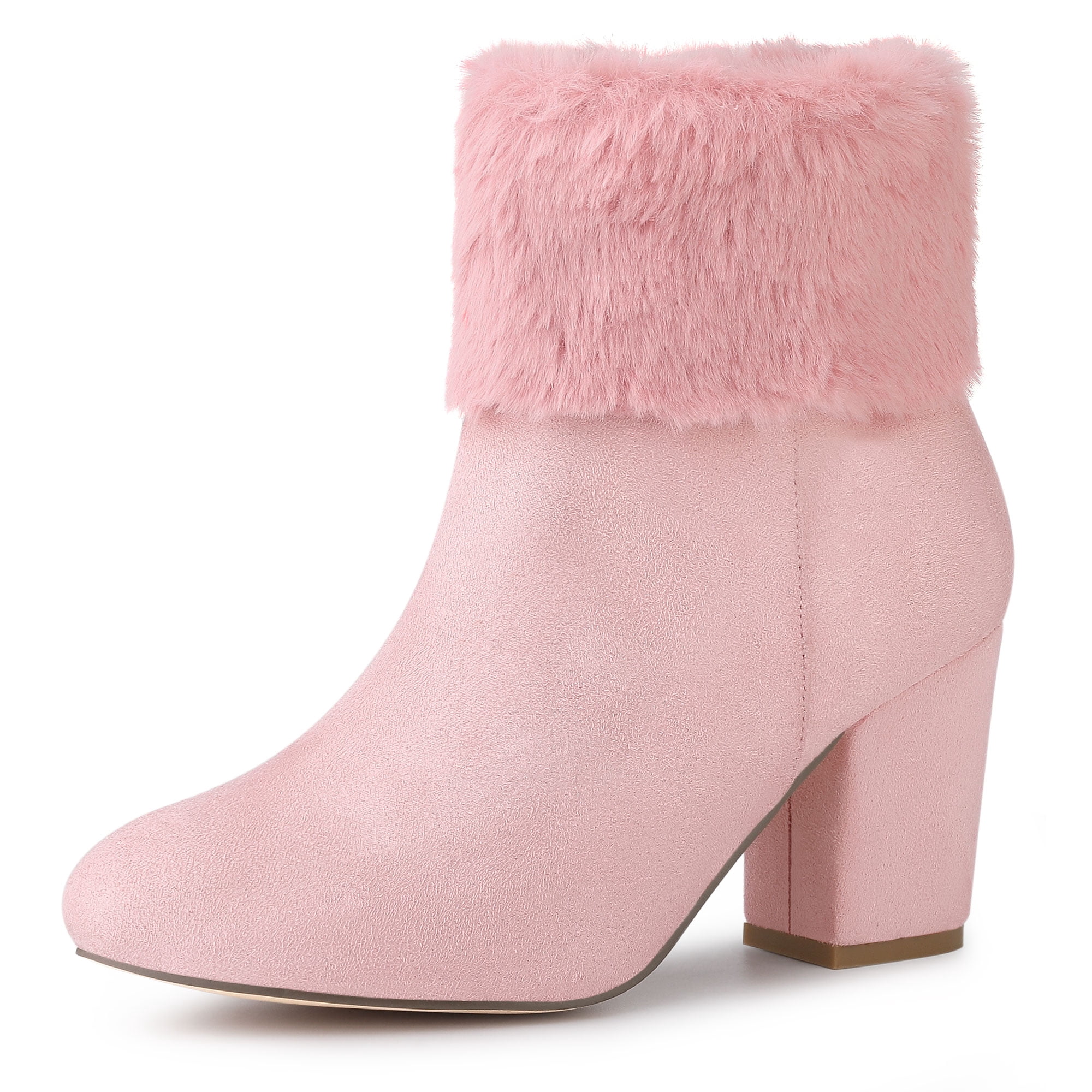 Unique Bargains Women's Faux Fur Block Heel Round Toe Ankle Boots