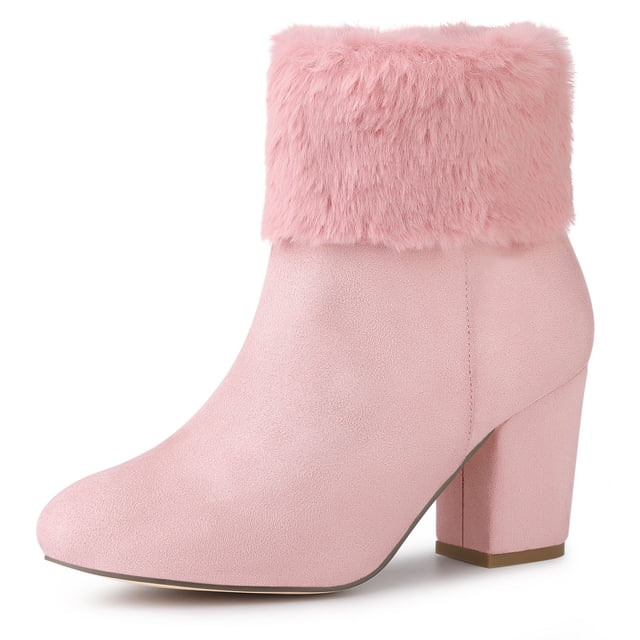 Unique Bargains Bottines à Talon Bloc en Fausse Fourrure à Bout Rond pour Femmes