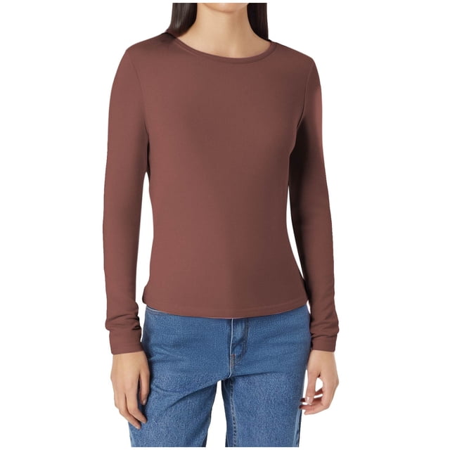 SROBPTY Longues Chandails à Manches pour Femmes, T-Shirt Décontracté à Col Rond pour Femmes à Manches Longues Café, L