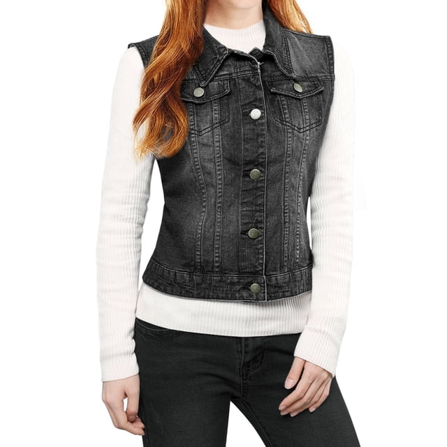 INSPIRE CHIC Women's Washed Denim Button Sleeveless Vest Jacket with Pockets M Black