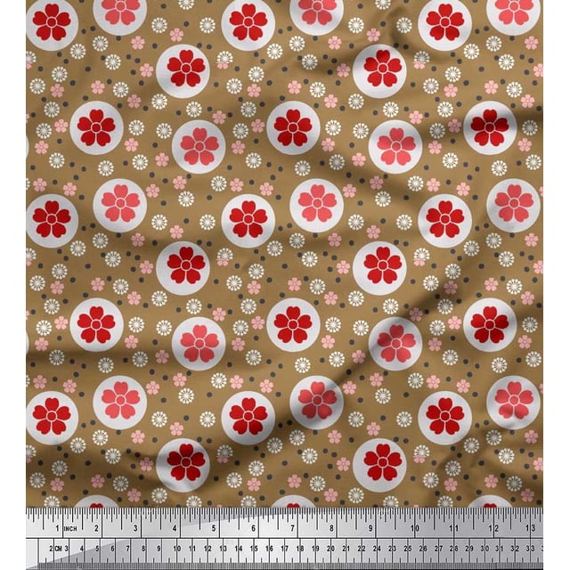 Soimoi Silk Fabric Dot & Floral Artistic Decor Fabric Printed Yard 42 Inch Wide