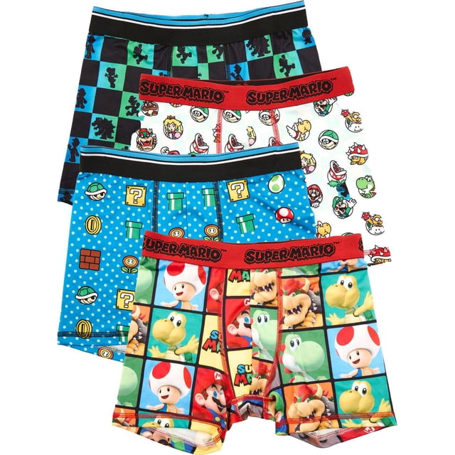 Super Mario Boys' 4-Pack Boxer Briefs centered flat-lay of four bundled briefs showing licensed Super Mario graphics including Mario, Luigi and Mushroom Kingdom icons in vibrant red, blue and green; soft breathable fabric, flexible elastic waistband and tag-free interior, suitable as everyday underwear or comfortable sleepwear for kids.