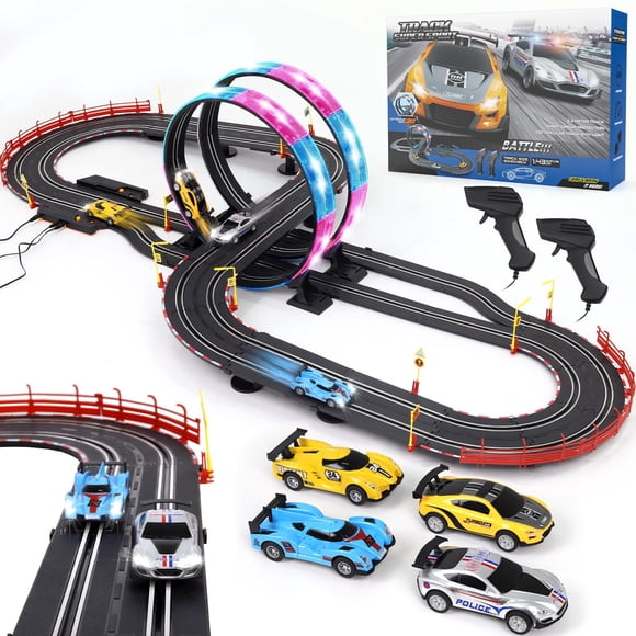Slot Car Race Track Sets with 4 High-Speed Racing Car, 20ft Electric Race Car Track for Boys and Kids, Dual Racing Game Lap Counter Circular Overpass