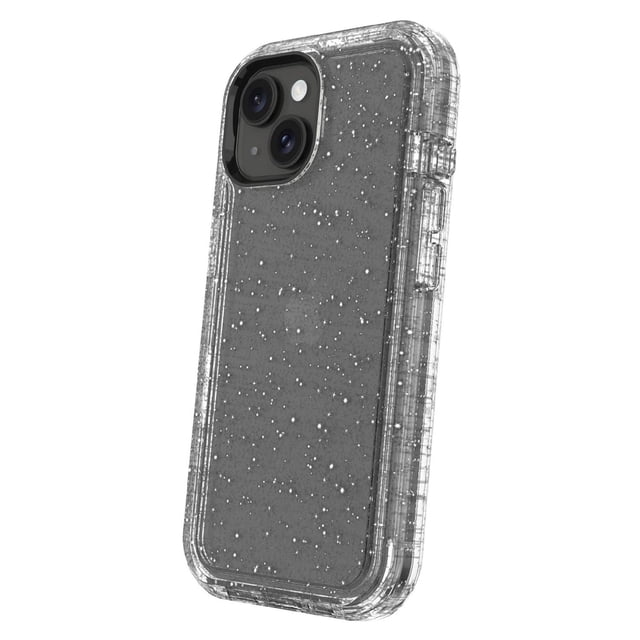 Onn. Rugged Phone Case for iPhone 16e/15/14/13 shown in a 3/4 profile view with a clear, speckled design featuring embedded white particles, reinforced edges, and precise cutouts for dual rear cameras and side buttons, offering 21-foot drop protection, antimicrobial properties, and smartport dust protection.