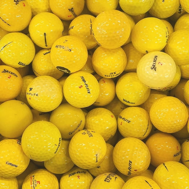 Mulligan - 75 Mix AAA Recycled Used Golf Balls, Yellow, close-up showing a pile of yellow AAA quality recycled golf balls from mixed brands including Srixon, Wilson, TaylorMade, and Top-Flite, eco-friendly and suitable for golfers of all skill levels, often used for practice or casual play.