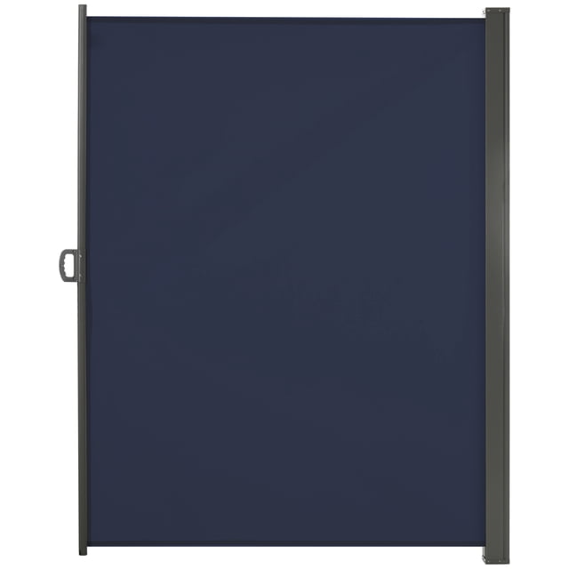 Outsunny 118" x 79" Retractable Side Awning Folding Privacy Screen in dark blue with a grey metal frame. The screen is made of 180gsm PA-coated polyester, offering UV resistance, waterproofing, and easy cleaning. Designed for outdoor use on patios, terraces, or balconies, it features an automatic roll-back function and a handle for easy operation. The awning extends up to 118.1 inches in length and 78.7 inches in height, providing privacy and wind protection. Compact when folded, it measures 3.5 inches in width.
