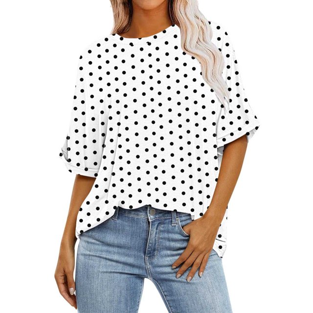 Diufon Hauts Grande Taille pour Femmes Été Décontracté Manches 3/4 Col Rond Chemises Amples Imprimé à Pois Doux