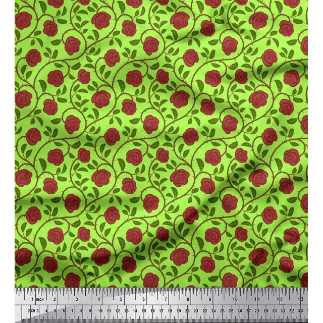 Soimoi Tissu Popeline de Coton Imprimé Feuilles & Roses Tissu de Couture Yard 56 Pouces de Large