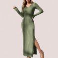 thumbnail image 1 of Liquidation d'Automne! Robe d'Été pour Femmes, Robe Ajustée en Tricot Uni à Col à Revers, Manches Longues, Rayée, Col en V, Vert Armée, TG, 1 of 1