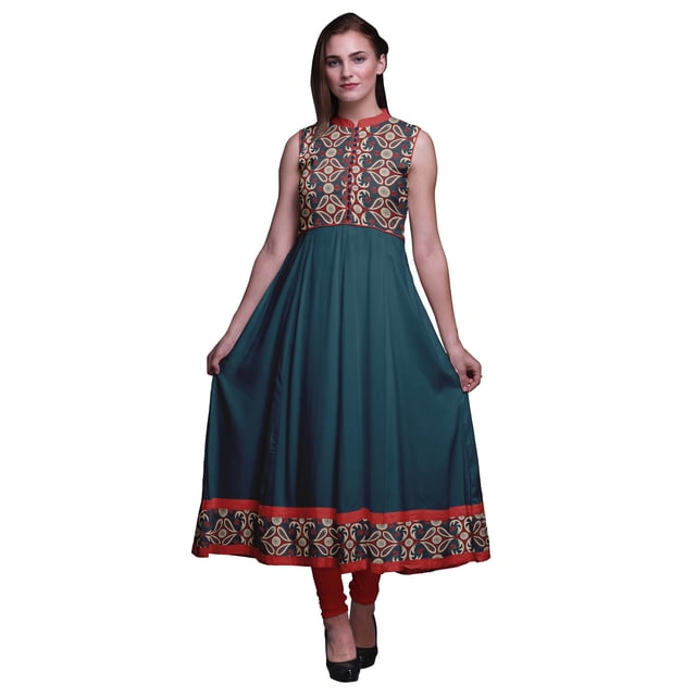 Bimba Robe Anarkali à Col Mandarin pour Femme, Bleu Sarcelle, Imprimé Cachemire, Style Ethnique Indien, Kurta, Moyen
