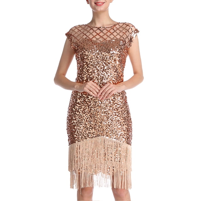 Ketyyh-chn99 Robes de Soirée et de Cérémonie Robe de Cocktail en or rose, Taille TG. Cette Robe Sans Manches et Dos Nu Présente un design à Col en V, des Ornements de Paillettes et des Franges à l'Ourlet. Fabriquée en polyester, Elle Est Légère et Élastique, Idéale pour les Cocktails, les Événements Formels Ou les Tenues de Soirée.