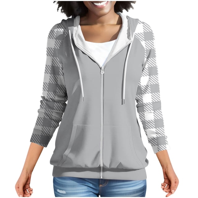 Chbgutlmr Sweatshirt for Women Raglan Long Sleeve Casual Plaid Jackets Drawstring Zip up Hoodies Pockets