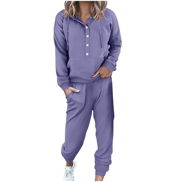 Pisexur Womens Lounge Set Trendy Casual Solid Color Matching Set Long Sleeve Button Drawstring Hooded Sweathirts Tops Wide Leg Sweatpants Tracksuit with Pockets 2 Piece Travel Outfits