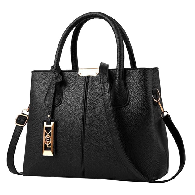 Bmisegm Fashion Handbag Simple Bag Large Capacity One Shoulder Women Bag Work Tote in black. This PU leather tote features a solid color design with a textured finish, dual top handles, and a detachable shoulder strap. It has a zippered closure and gold-tone hardware accents, including a decorative charm. Suitable for leisure, travel, shopping, or work. One size.