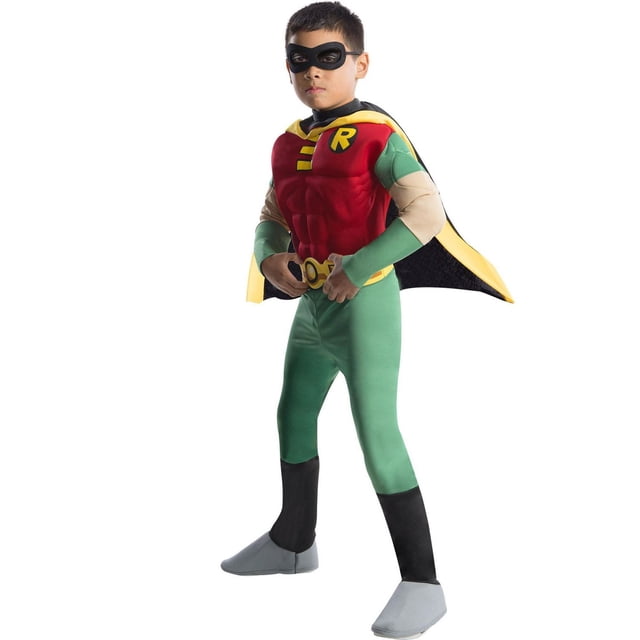 Teen Titans Robin Muscle Chest Toddler Deluxe Costume with padded jumpsuit featuring red muscle chest and arms, green legs, attached black boot covers, yellow belt, cape with black lining, and black eye mask, suitable for toddler Halloween dress-up.