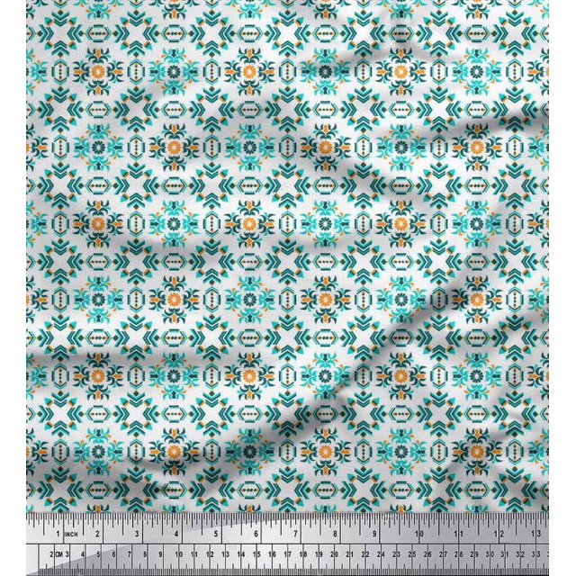 Soimoi Silk Fabric Triangle & Floral Ethnic Print Fabric by Yard 42 Inch Wide