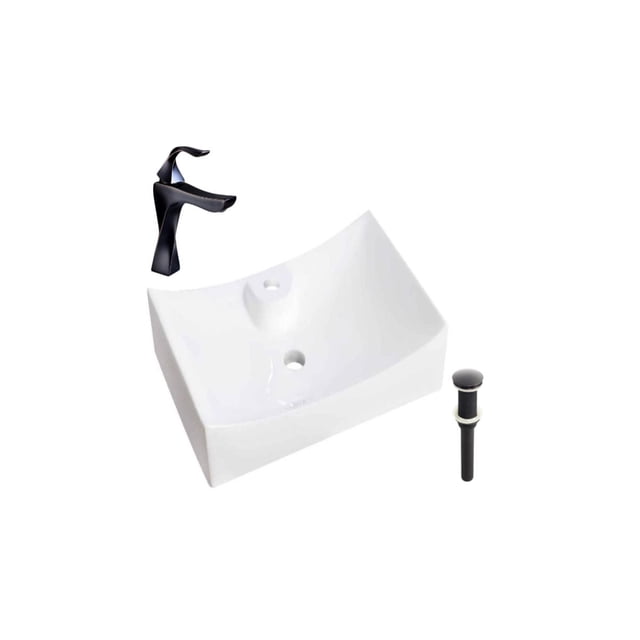DROP Bath and Kitchen DR091474 Bathroom Vessel Sink Set with a white rectangular ceramic vessel sink featuring a glossy finish, black single-hole faucet, and black drain, designed for above-counter installation; suitable for modern kitchen or bathroom renovations.