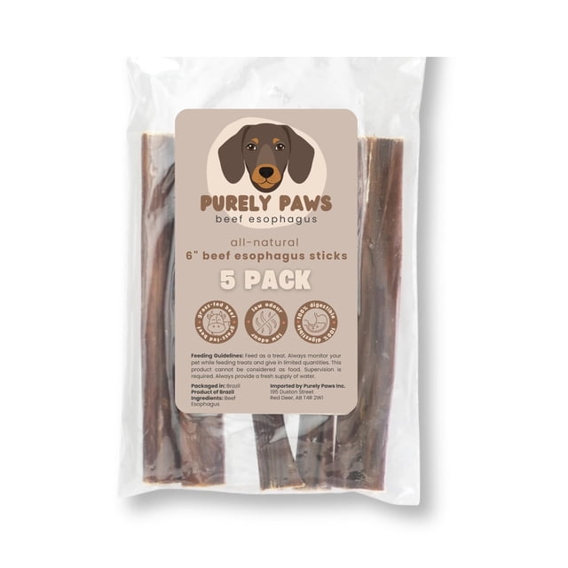 Purely Paws All-Natural Beef Esophagus Sticks, a 5-pack of 6-inch dog chew sticks made from 100% grass-fed beef, shown in resealable packaging. These rawhide-free, single-ingredient treats are air-dried for natural flavor and crunch, promoting dental health and easy digestion. Ideal for dogs with sensitive stomachs.