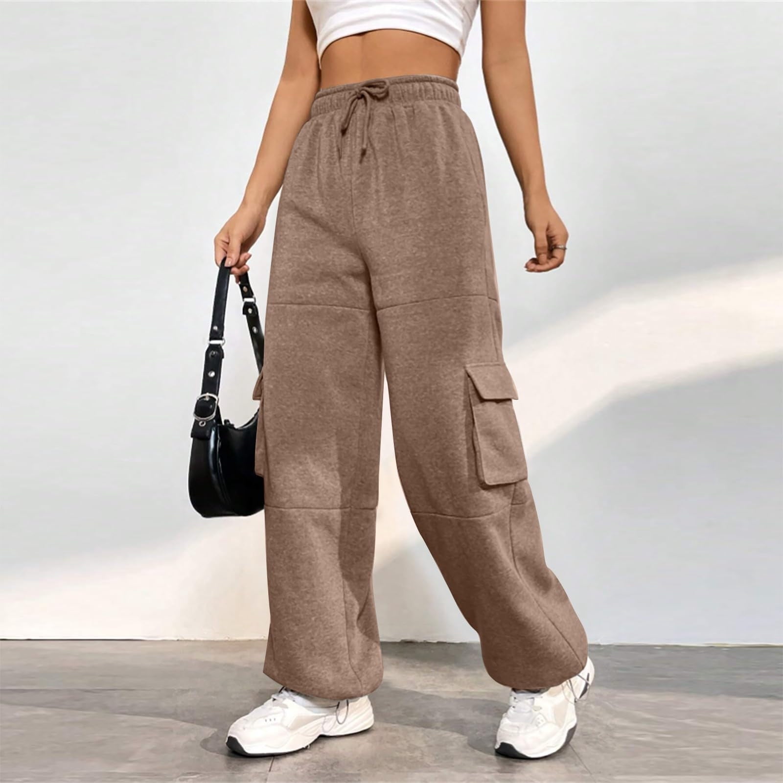 Meichang Fleece Cargo Sweatpants for Women Wide Leg Cargo Yoga