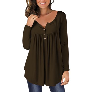 AherBiu Tuniques pour Femmes à Porter avec des Leggings, Chemises de Printemps à Manches Longues, Boutons, Encolure Dégagée, Froncée, Blouse Ample