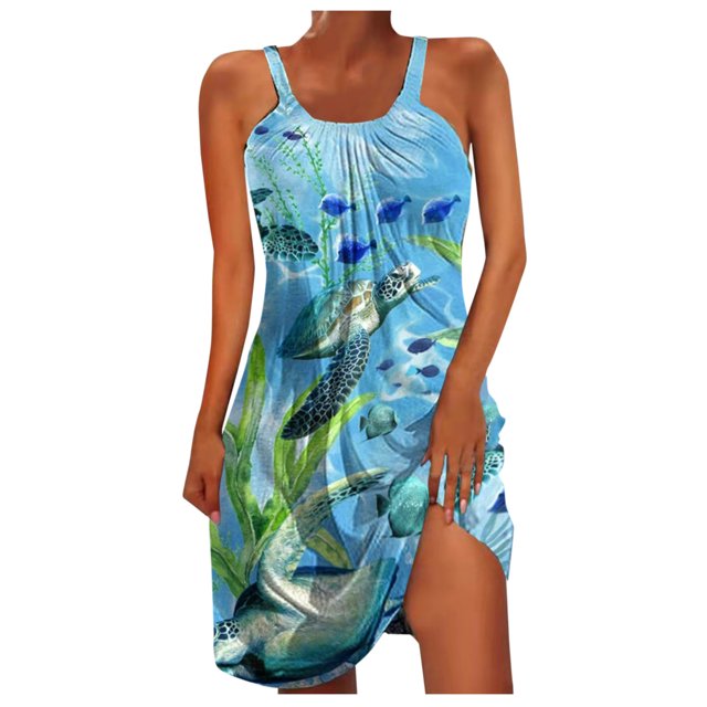 Robes d'Été pour Femmes Mode Féminine Aguichant Sans Manches Imprimé Rétro Ourlet Décontracté Robe de Plage Ample