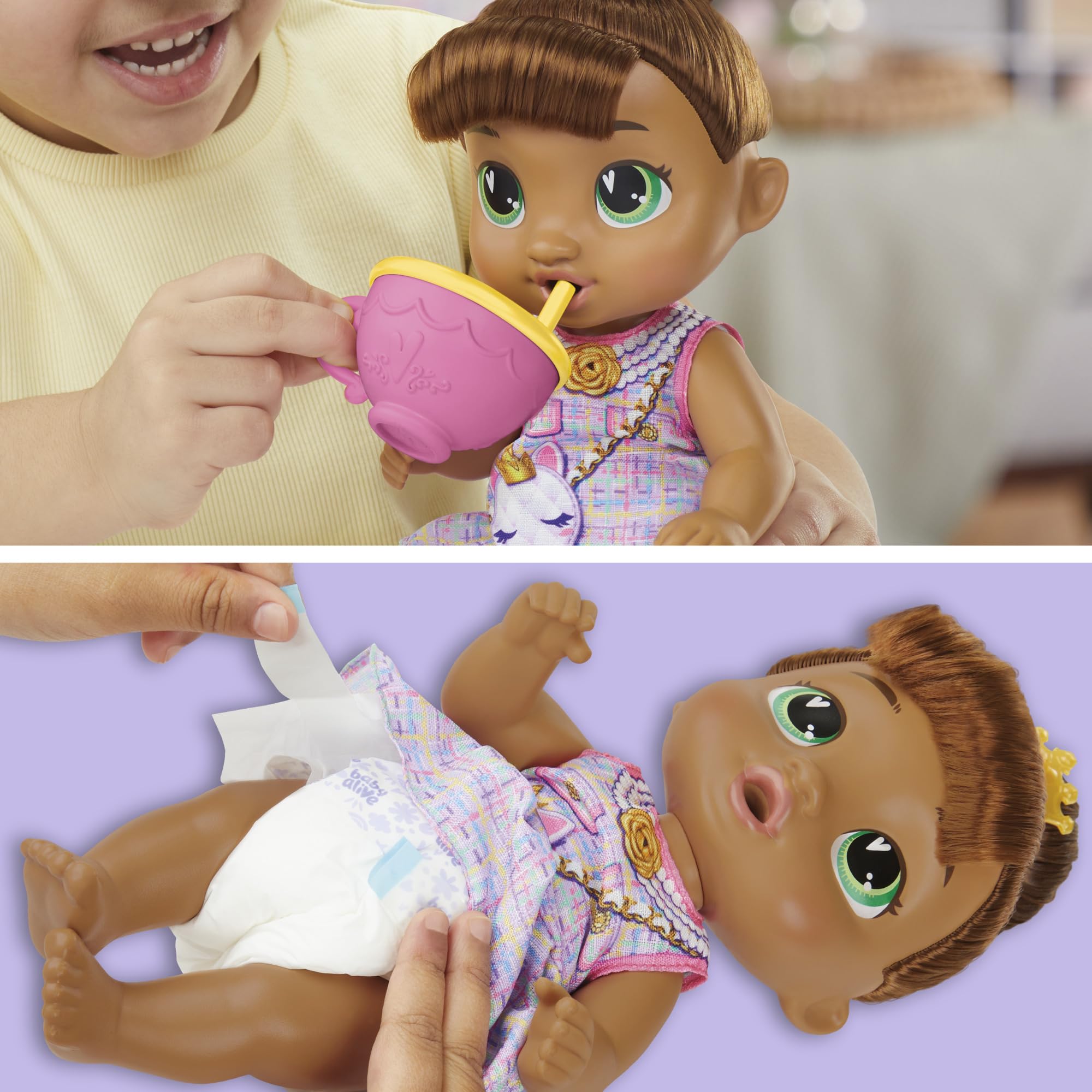 Baby Alive Poupée Bubbly Tea Party Sophia avec Accessoires de Théière, Cheveux Bruns, 11 Pouces, Jouets pour Filles et Garçons de 3 Ans et Plus