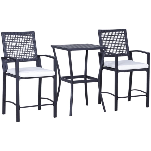 Outsunny Ensemble de Bar en Osier d'Extérieur 3 Pcs, Ensemble de Bar Bistro Classique Style Rotin de Jardin Table de Bar de Patio et Chaises Hautes avec Coussins Mobilier de Bar pour la Maison, Blanc Crème