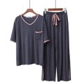 thumbnail image 1 of Crescentt Pyjama en Modal de Luxe, Respirant et Confortable, Ensemble de Pyjama Ultra Doux pour Femmes, Ensemble de Pyjama Classique en Modal à Manches Longues - Bleu Minuit - Manches Courtes, Grand, 1 of 2