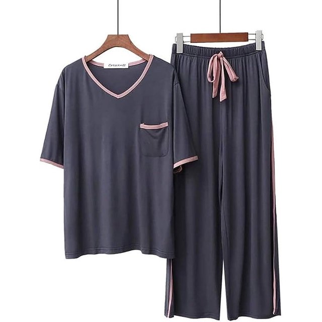 Crescentt Pyjama en Modal de Luxe, Respirant et Confortable, Ensemble de Pyjama Ultra Doux pour Femmes, Ensemble de Pyjama Classique en Modal à Manches Longues - Bleu Minuit - Manches Courtes, Grand