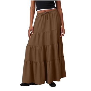Jupe de Tennis Plissée Jupe Longue Maxi pour Femme, Volants à Étages à Cordon Élastique Taille Haute Évasée en A Jupe d'Été Fluide Plissée de Plage Brun G