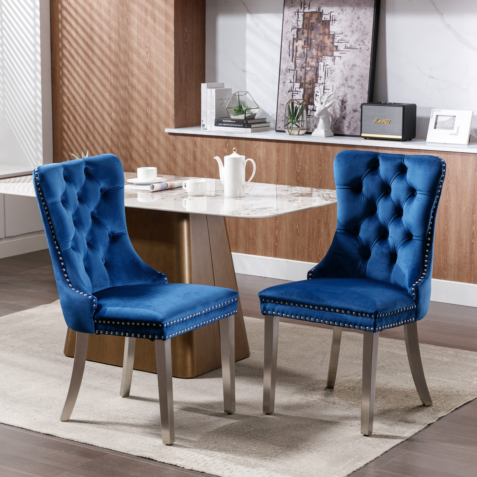 Noble House Velvet Upholstered Dining Chair Set of 2,Tufted with Siller Plated Legs & Nailhead Trim,Blue + Chrome