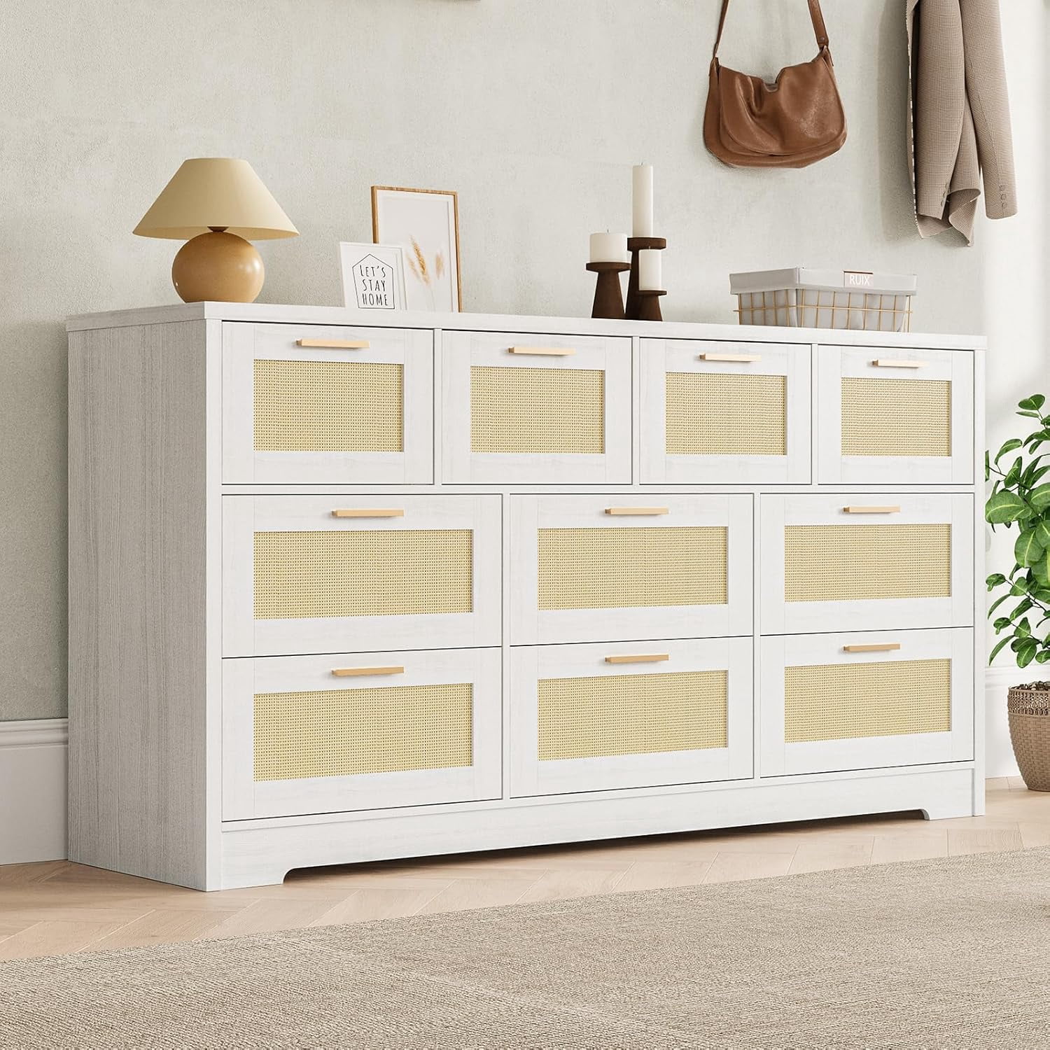 10 Drawer Dresser for Bedroom, Modern Farmhouse Chest of Drawers with Rattan Panels, Large Storage Dresser for Closet Living Room Hallway Entryway，White