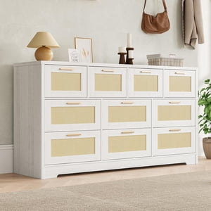 10 Dressing pour chambre, Commode moderne avec panneaux de rotin, Grande commode de rangement pour placards Hallway Entryway,Blanc