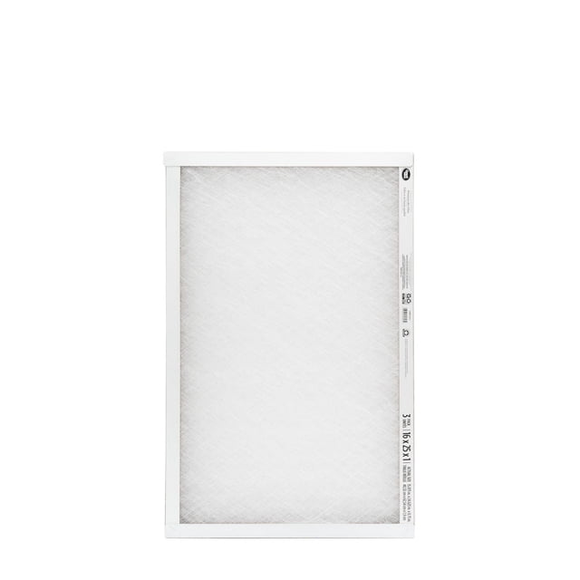 16x25x1 Great Value Fiberglass Air Filter 3PK MERV 2 with a white moisture-resistant frame and spun fiberglass media that captures large airborne particles, providing entry-level air purification and protection for residential furnaces and air conditioners.