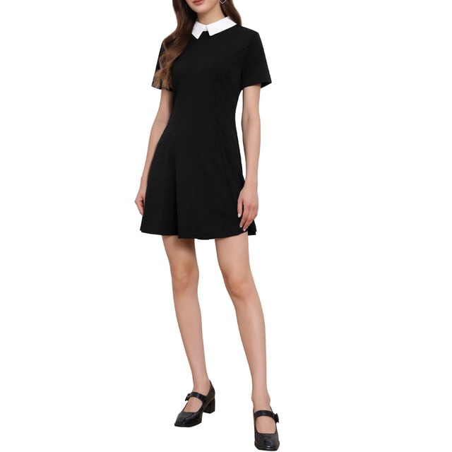 INSPIRE CHIC Robe Évasée à Manches Courtes à Col Contrastant pour Femme Peter Pan 2TG Noir