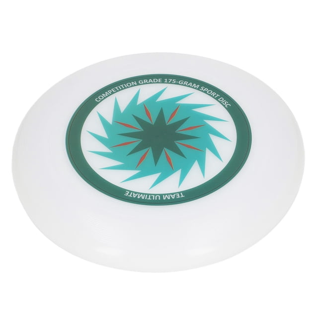 Flying Disc, Ergonomic Safe Sports Flying Disc for adults, shown in a white design with a teal and red starburst pattern at the center. Made of durable plastic, it measures approximately 27.5 x 27.5 cm (10.8 x 10.8 inches). Features an aerodynamic design for stable flight and an ergonomic, anti-slip texture for comfortable handling. Includes a storage bag for convenience.