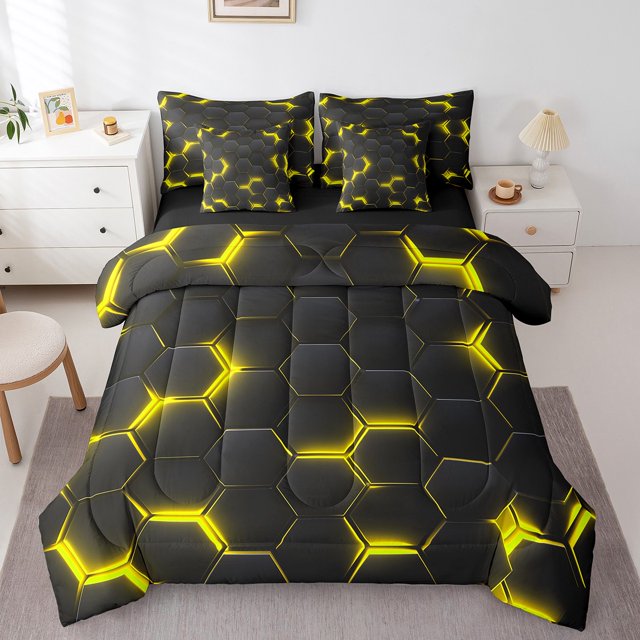 YST 7 Piece Yellow Honeycomb Print Bed in a Bag, Modern Abstract Geometrical Bedding Set, Twin Size, Black Hexagonal Pattern, Polyester Microfiber, Comforter & Duvet Type, 7 Count