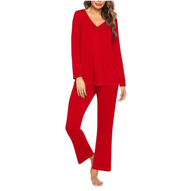 Timegard Ensembles de Pyjamas pour Femmes 2 Pcs Manches Longues Col en V Haut Froncé et Pantalon Automne Décontracté Doux Tenues de Pjs