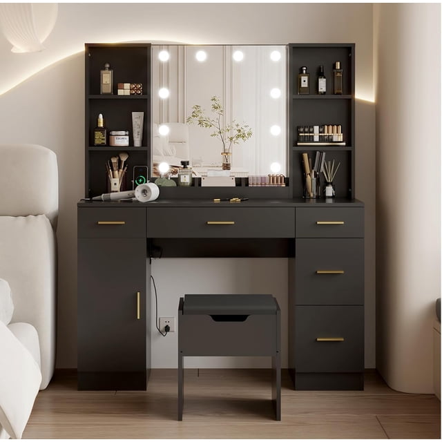 Luxurious Makeup Vanity Desk with 10 LED Lights - Versatile 3-Color Lighting, Adjustable Brightness, Vanity Set with 5 Drawers, 6 Open Shelves, 1 Cabinet, and Multiple Storage Options