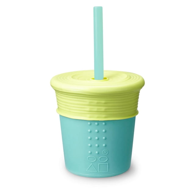GoSili Straw Cup 8oz in sea and lime, a reusable silicone sippy cup with an embedded stainless-steel ring to prevent collapsing, a stretchable silicone straw lid that fits most cups for spill-proof use, and a translucent straw, suitable for baby feeding and dishwasher safe.